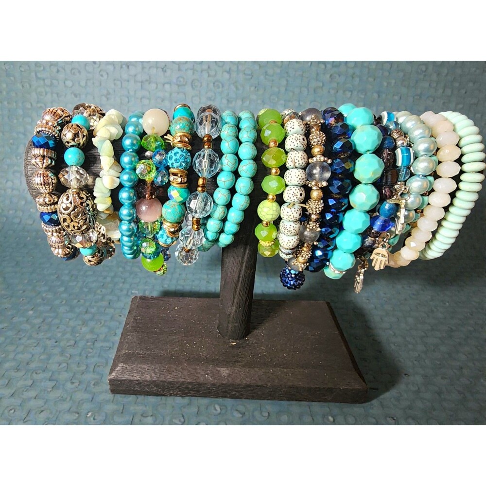 20 Pc Blue Stretch Bracelet Lot - Faux Turquoise Crystal Boho Hamsa Stack